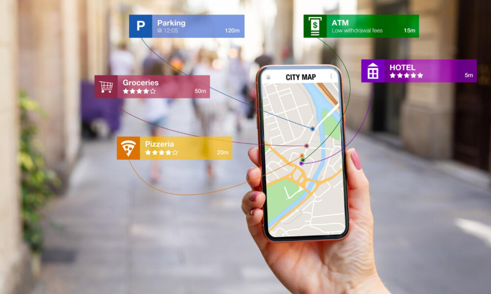 Example of businesses displayed on Google Maps with information about location, ratings and distance