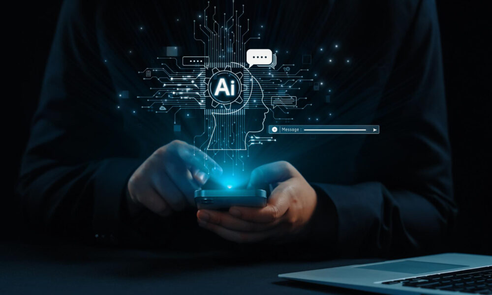 Using a Smartphone with a Visual Representation of AI - Artificial Intelligence and Digital Technology
