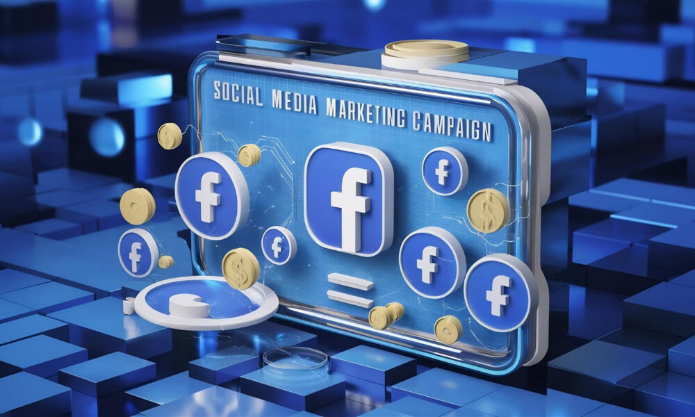 3D illustration of a social media marketing campaign with Facebook icons and elements symbolising digital advertising and monetisation.