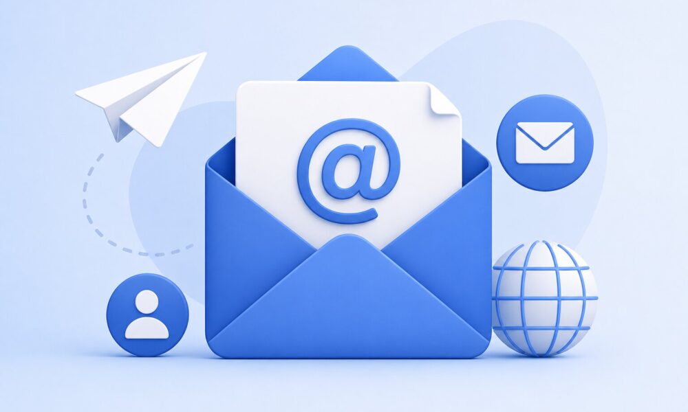 Illustration of email communication with a blue envelope, an @ symbol, and internet and messaging icons.