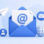 Illustration of email communication with a blue envelope, an @ symbol, and internet and messaging icons.