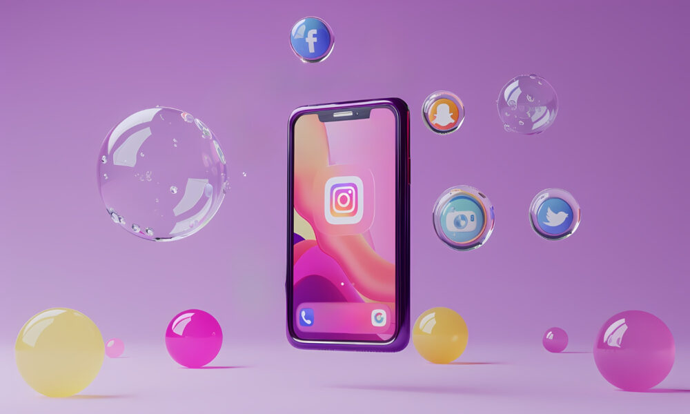 Illustration of Instagram on a smartphone surrounded by social media icons