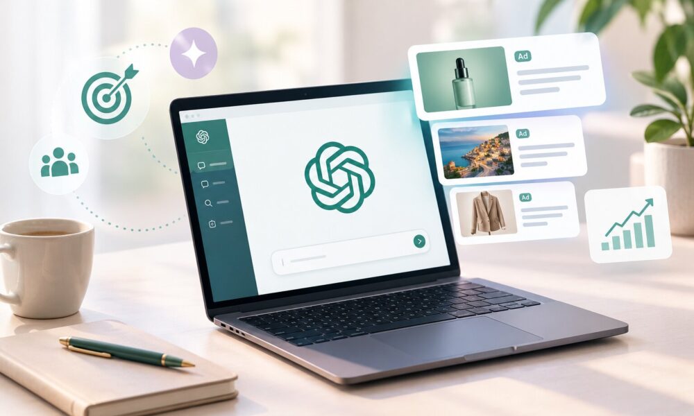 ChatGPT oglasi – prikaz digitalnog oglašavanja i reklamnih sadržaja na ekranu laptopa.